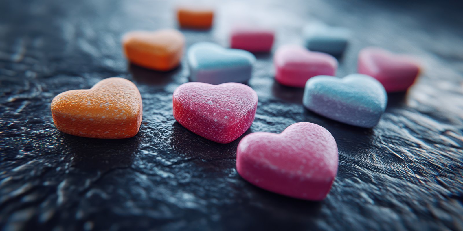 Colorful heart-shaped candies scattered on a dark surface create a vibrant and playful display ideal for celebrations